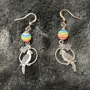 Silver Parrot Drop Earrings with Rainbow Bead - Pets Bird Inspired